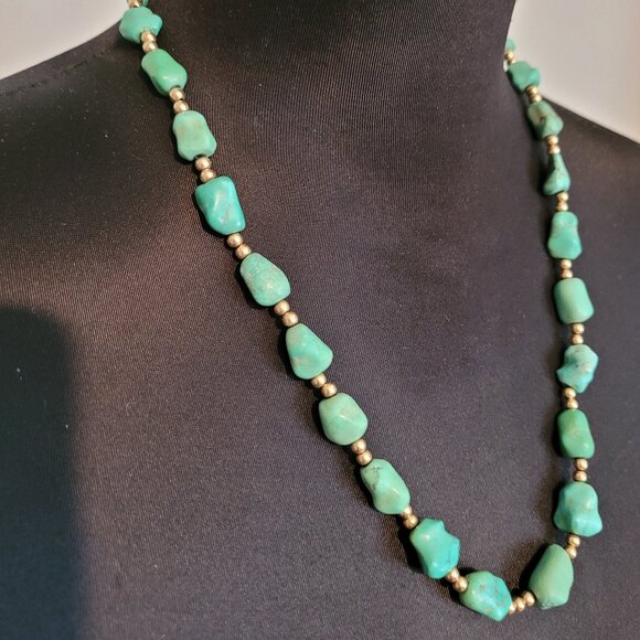 One of a kind Vntg Handcrafted Hand Tumbled Natural Turquoise and gold Necklace - Picture 2 of 4